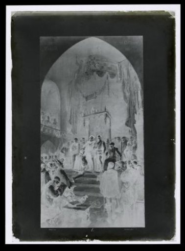 Photographic reproduction of the painting of the abdication of Charles V in the Aula Magna of the Palace on the Koudenberg in Brussels, by Laurens Lodewijk Kleijn