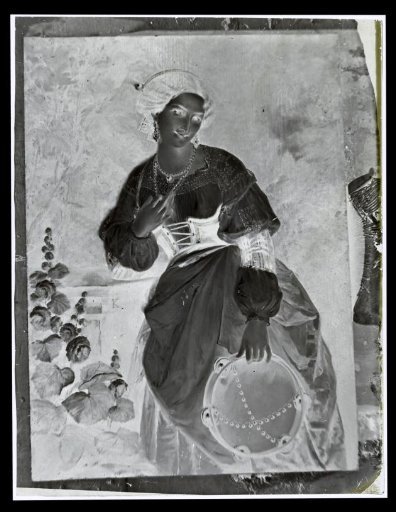 Photographic reproduction of a painting of a woman with a tambourine
