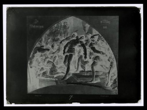 Photographic reproduction of a painting of the failed assassination attempt on William of Orange in Antwerp, by Laurens Lodewijk Kleijn