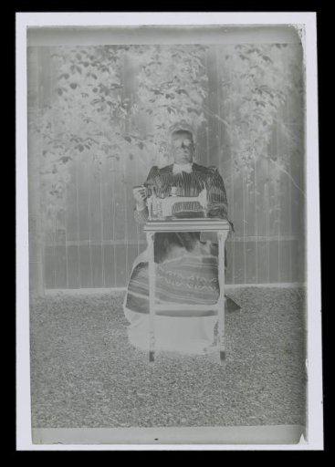 Portrait of an unknown woman behind a sewing machine in a garden