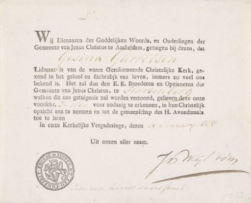 Certificate of Gesina Garretsen at the Reformed Church in Amsterdam, 1825