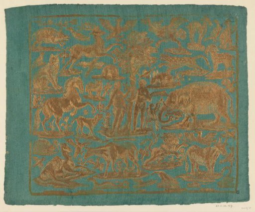 Print with Adam and Eve under the apple tree in the centre, surrounded by animals