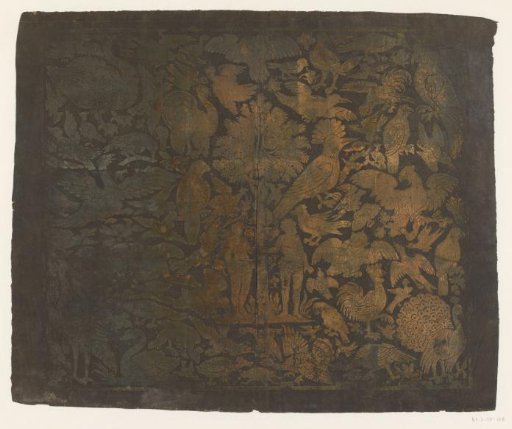 Print with Adam and Eve under the apple tree in the centre, surrounded by animals