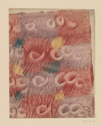 Veined stiffened paper with color stains in red, purple, green and yellow with embossed motif of scrolls