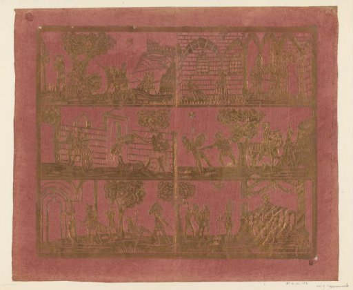 Print with six knight scenes in three rows