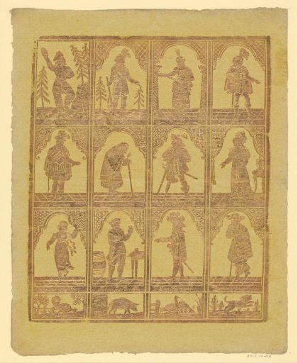 Sheet with three rows of figures from the story of the Spanish pagan girl Preciosa