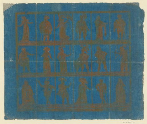 Print with eighteen theatre figures in three rows of six