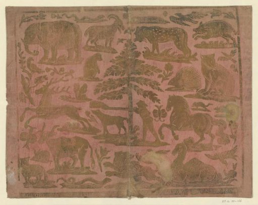 Sheet with animals with a hunter in the center