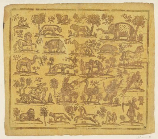 Sheet with animals and stereotypical Indians in five rows