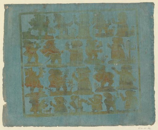 Sheet with twenty-one small people (caricatures) in four rows