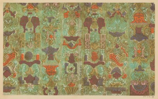 Sheet with bands, tendrils, and ornaments of flowers and fruit