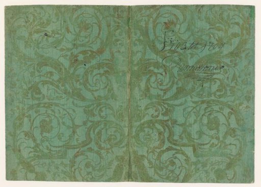 Sheet with scrolls with flowers, cover with inscription