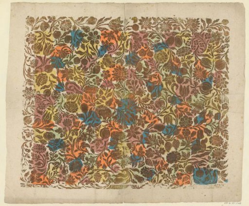 Sheet with scrolls with flowers and fruits