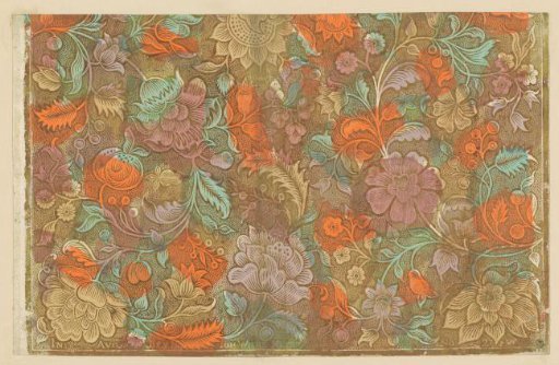 Sheet with scrolls with flowers and berries with stippled background