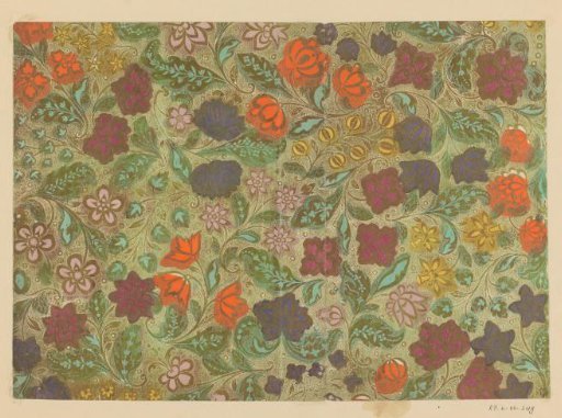 Sheet with scrolls with flowers and fruits with stippled background