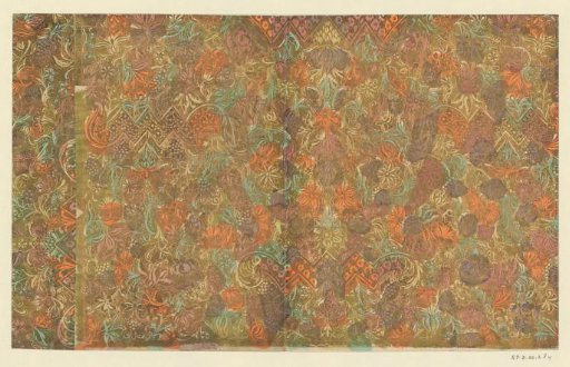 Sheet with scrolls with flowers, fruits and zigzag bandwork