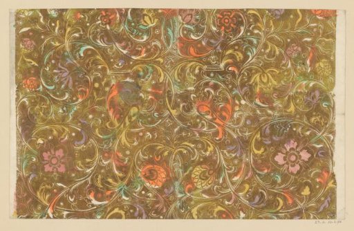 Sheet with scrolls ending in a curl with flowers and fruits