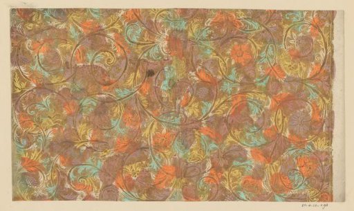 Sheet with scrolls with flowers and fruits with hunting scenes