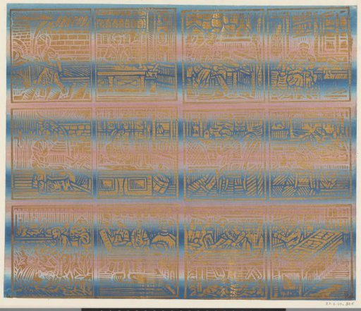 Sheet with twelve trades in three rows of four frames