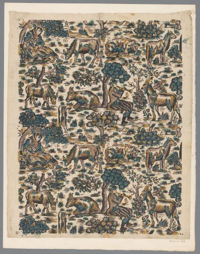 Sheet with a shepherd playing the flute and a seated shepherdess surrounded by animals