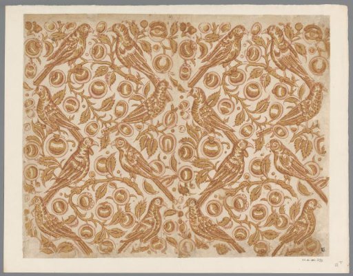 Sheet with parrot-like birds on stylized branches with fruit
