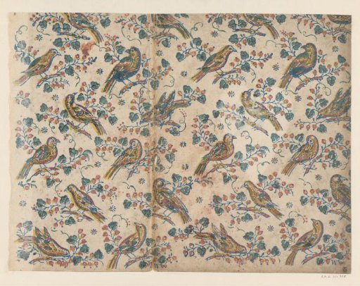Sheet with birds on vines with flowers and fruit