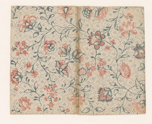 Sheet with scrolls and flowers on a diamond-shaped stippled ground