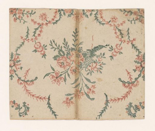 Sheet with a bouquet of flowers with a basket of fruit surrounded by scrolls and flowers