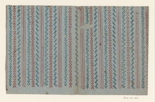 Sheet with a band pattern of three lines and a band with scroll, block motif and zigzag motif
