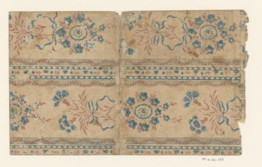 Sheet with a band pattern of flowers with bows and ornamental borders with scrolling foliage