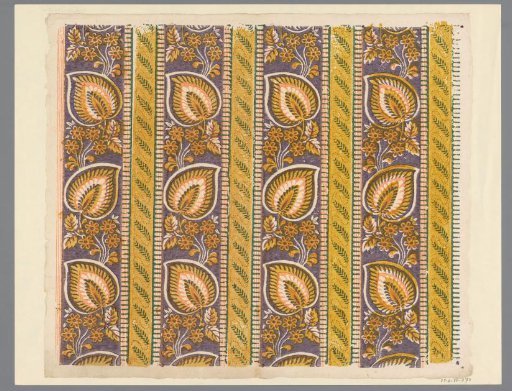 Sheet with a band pattern with a band of large leaves and a band of branches