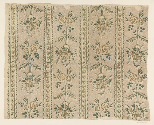 Sheet with a band pattern of flower baskets on stippled ground and ornamental border