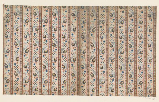Sheet with a band pattern of small fruits with dots and stripes and ornamental borders