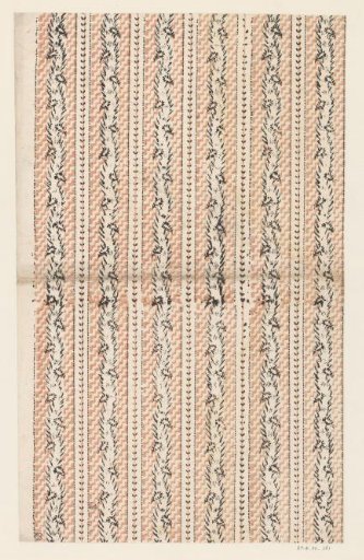 Sheet with band pattern of winding band with sprigs on a ground with step motif and straight vines