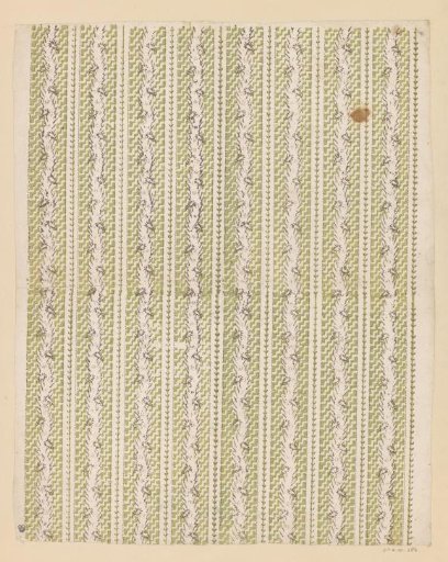 Sheet with band pattern of winding band with sprigs on a ground with step motif and straight vines