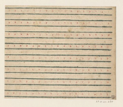 Sheet with band pattern of lines and ovals with a sprig on a dotted ground