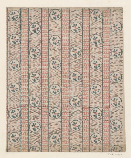 Sheet with band pattern of a circle with a sprig with two fruits in an ornamental border with dots