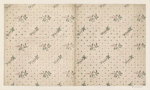 Sheet with a scattered pattern of branch with leaves and small fruits between dashes and small branches of dots