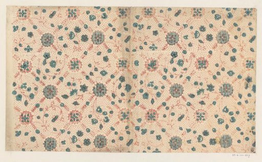 Sheet with a diamond pattern of branches with winding vine with flowers and small fruits filling the field