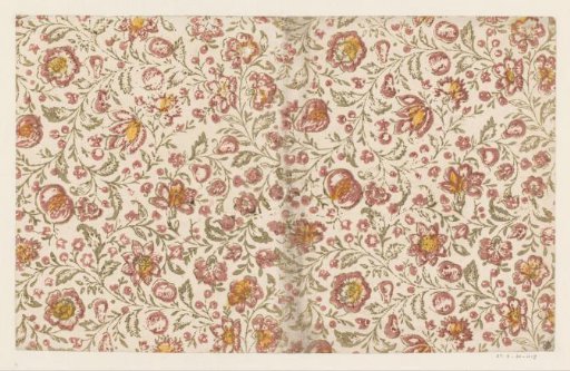 Sheet with all-over pattern of scrolls with flowers and fruits