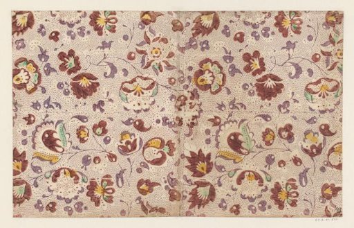 Sheet with all-over pattern of scrolls with flowers and fruits