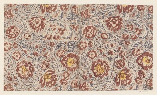 Sheet with all-over pattern of scrolls with flowers and fruits