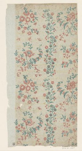 Sheet with alternating band pattern of scrolling vine and flowers