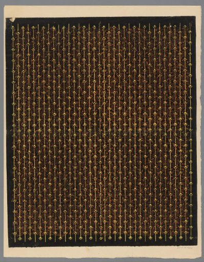 Sheet with regular band pattern of stripes and squares over a winding line pattern of dots