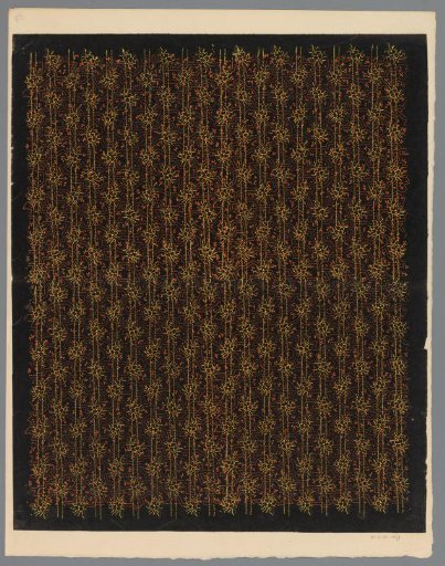 Sheet with band pattern of flowers and diagonal dashes on a pattern of winding lines consisting of dots