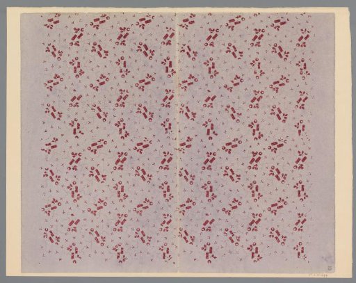 Sheet with scatter pattern of squares with branches and fruits between twigs and winding lines of dots