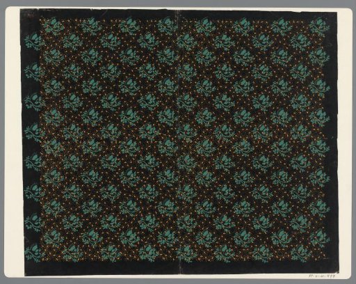 Sheet with diagonal stripe pattern of flowers over a ground of small dots and triangles