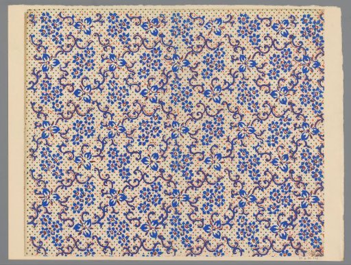 Sheet with scattered pattern of flowers and stylized vines and with dot background