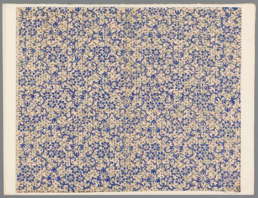 Sheet with scattered pattern over scattered pattern of flowers and stylized vines with stars and dotted parts