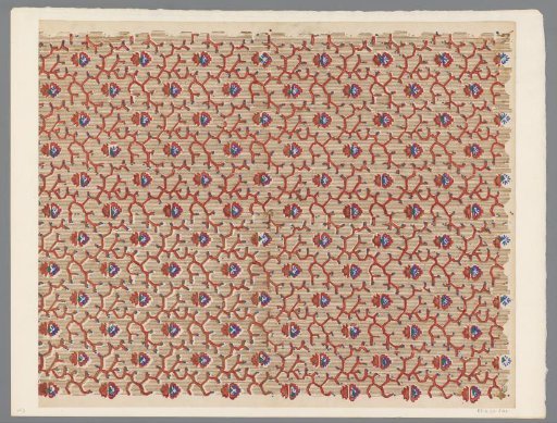 Sheet with scattered pattern of fantasy motif between stylized vines with a broken line background